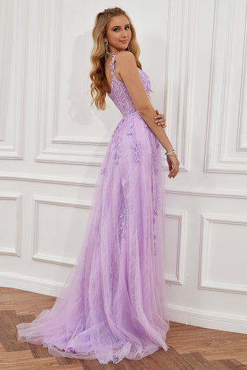Purple Off the Shoulder Long Ball Dress with Appliques